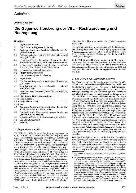 Vorschauseite 1: Die Gegenwertforderung der VBL - Rechtsprechung und Neuregelung