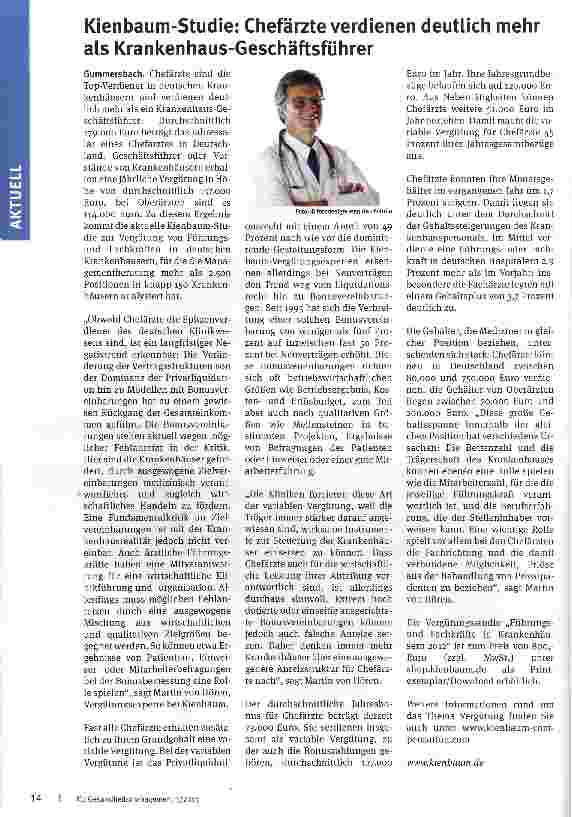 Vorschauseite 1: Kienbaum-Studie: Chefärzte verdienen deutlich mehr als Krankenhaus-Geschäftsführer