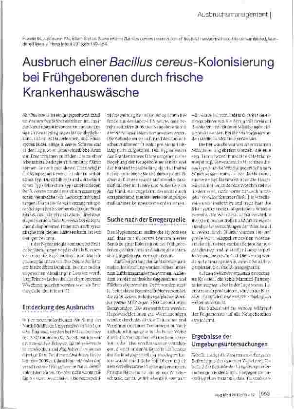 Vorschauseite 1: Ausbruch einer Bacillus cereus-Kolonisierung bei Frühgeborenen durch frische Krankenhauswäsche