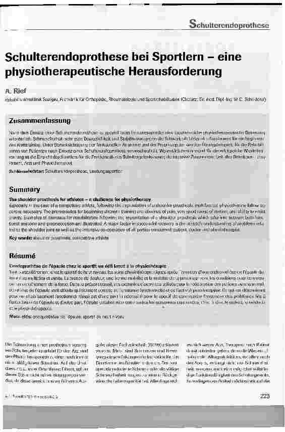 Vorschauseite 1: Schulterendoprothese bei Sportlern - eine physiotherapeutische Herausforderung