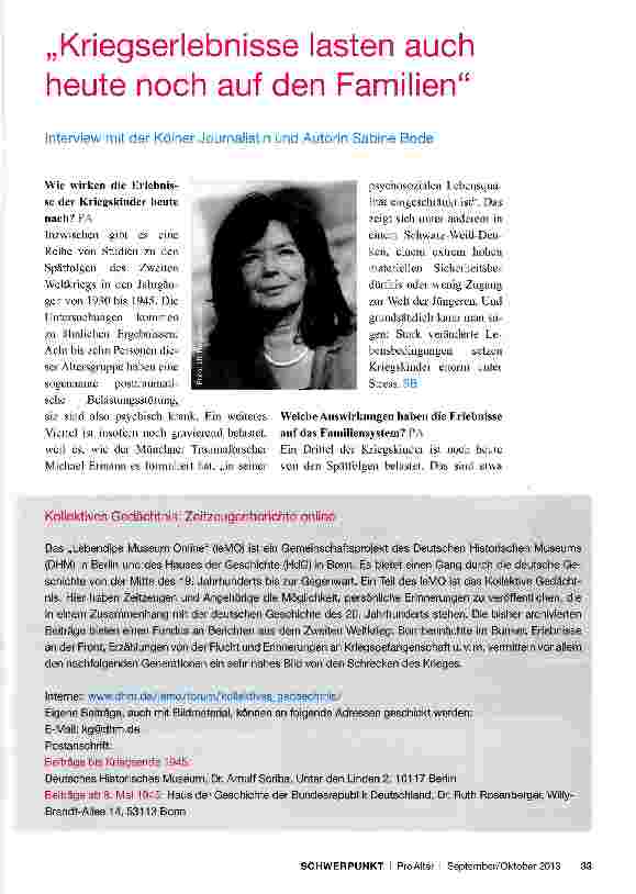 Vorschauseite 1: „Kriegserlebnisse lasten auch heute noch auf den Familien