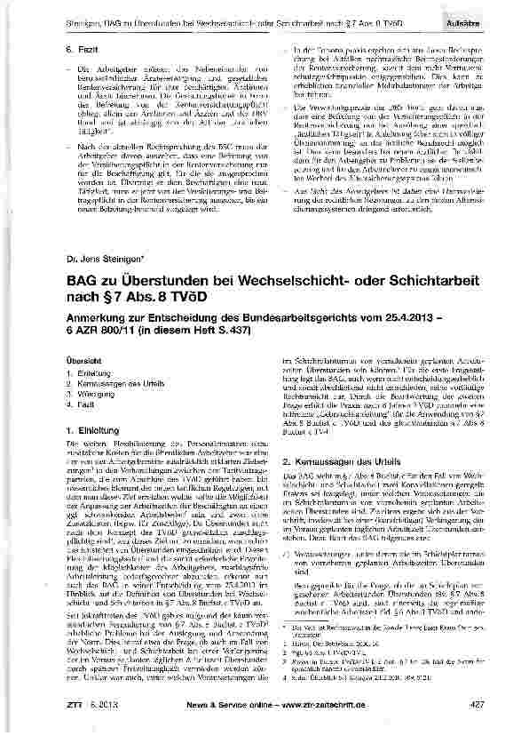 Vorschauseite 1: BAG zu Überstunden bei Wechselschichtoder Schichtarbeit nach §7 Abs. 8 TVöD
