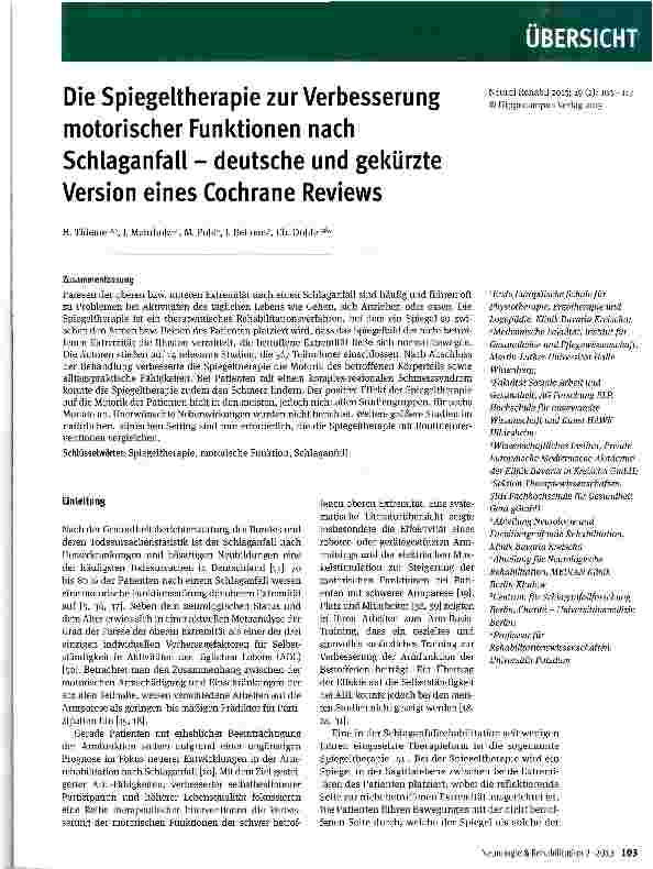 Vorschauseite 1: Die Spiegeltherapie zur Verbesserung motorischer Funktionen nach Schlaganfaü - deutsche und gekürzte Version eines Cochrane Reviews