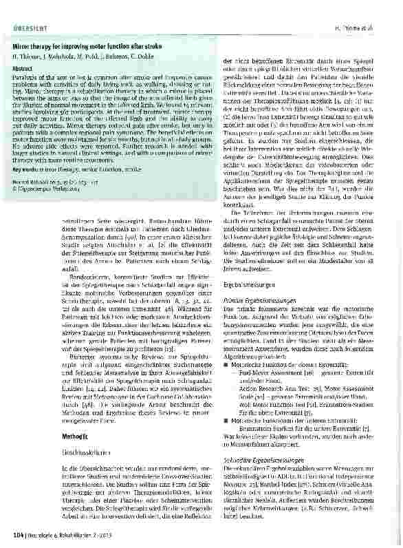 Vorschauseite 2: Die Spiegeltherapie zur Verbesserung motorischer Funktionen nach Schlaganfaü - deutsche und gekürzte Version eines Cochrane Reviews