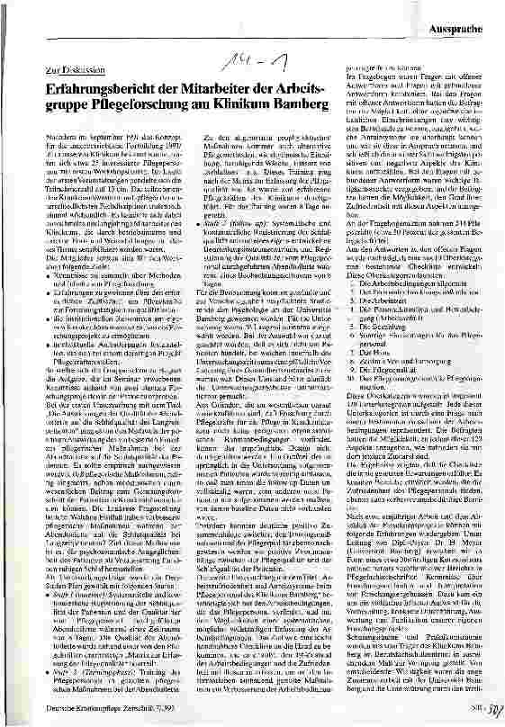 Vorschauseite 1: Erfahrungsbericht der Mitarbeiter der Arbeitsgruppe Pflegeforschung am Klinikum Bamberg