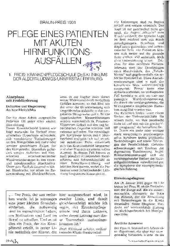 Vorschauseite 1: Pflege eines Patienten mit akuten Hirnfunktionsausfällen Braun-Preis 1991