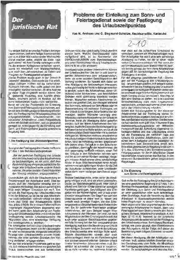 Vorschauseite 1: Probleme der Einteilung zum Sonnund Feiertagsdienst sowie der Festlegung des Urlauszeitpunktes