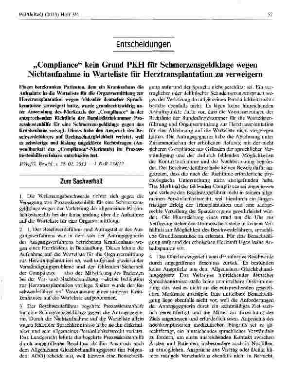 Vorschauseite 1: „Compliance kein Grund PKH für Schmerzensgeldklage wegen Nichtaufnahme in Warteliste für Herztransplantation zu verweigern