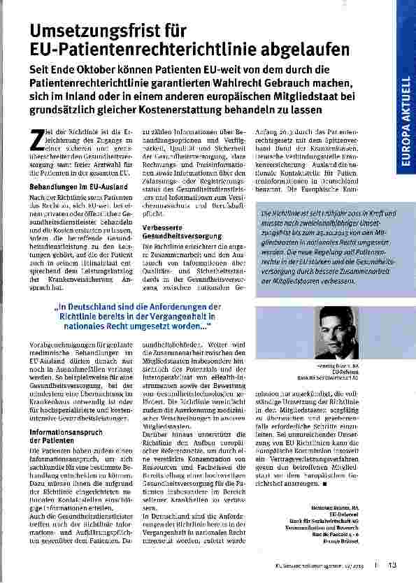 Vorschauseite 1: Umsetzungsfrist für EU-Patientenrechterichtlinie abgelaufen