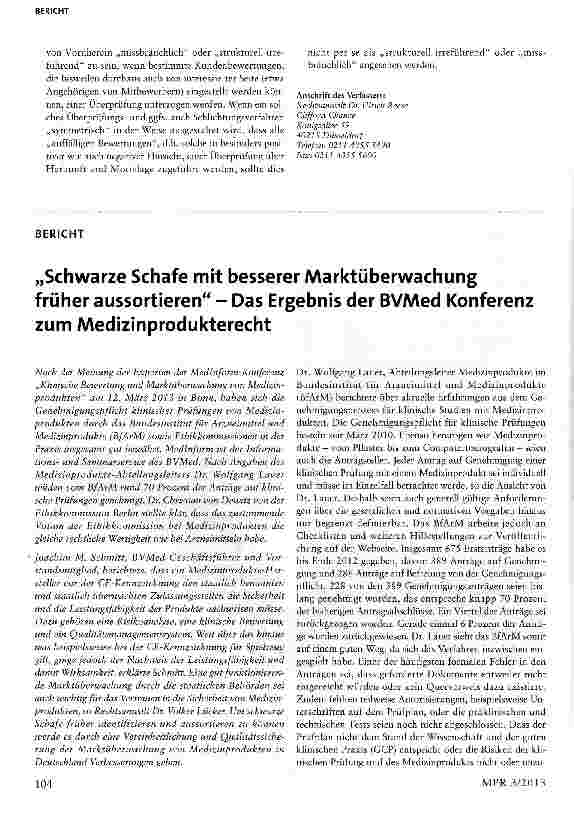 Vorschauseite 1: „Schwarze Schafe mit besserer Marktüberwachung früher aussortieren - Das Ergebnis der BVAAed Konferenz zum Medizinprodukterecht