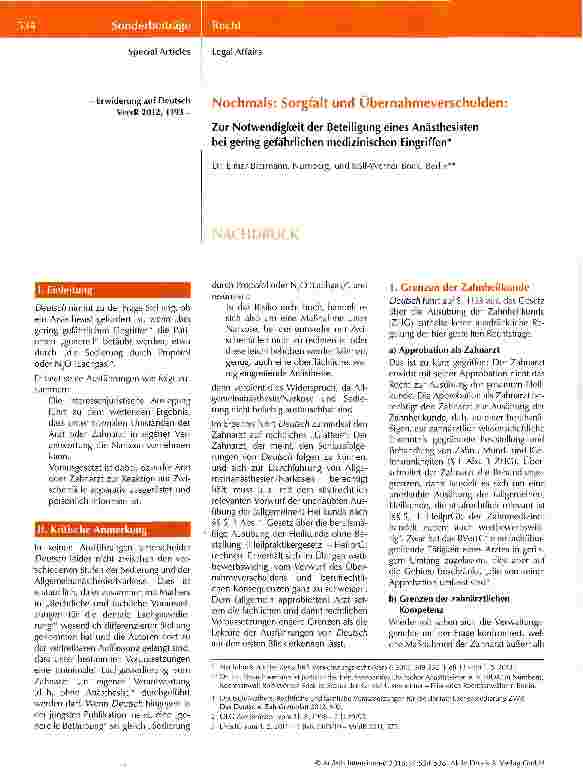 Vorschauseite 1: Nochmals: Sorgfalt und Übernahmeverschulden; Zur Notwendigkeit der Beteiligung eines Anästhesisten bei gering gefährlichen medizinischen Eingriffen