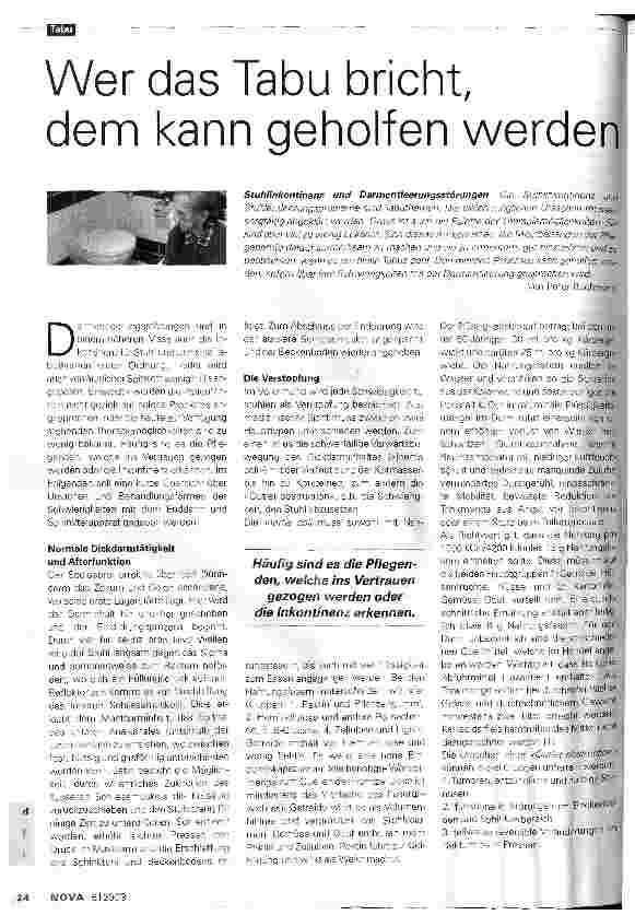 Vorschauseite 1: Wer das Tabu bricht, dem kann geholfen werden Stuhlinkontinenz und Darmentleerungsstörungen