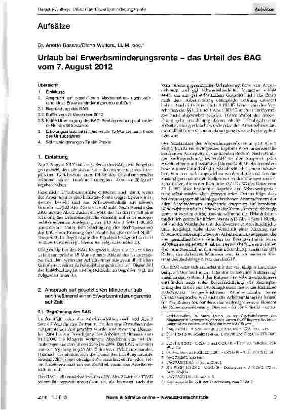 Vorschauseite 1: Urlaub bei Erwerbsminderungsrente - das Urteil des BAG vom 7. August 2012