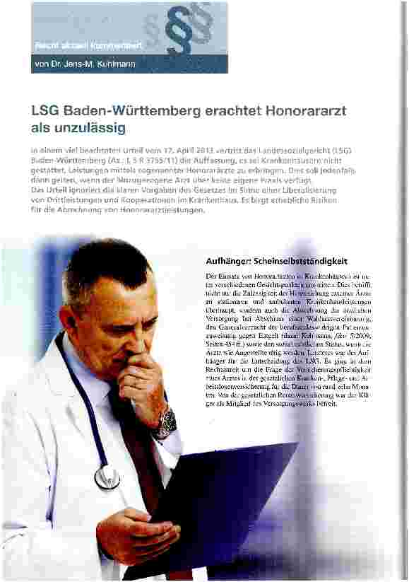 Vorschauseite 1: LSG Baden-Württemberg erachtet Honorararzt als unzulässig