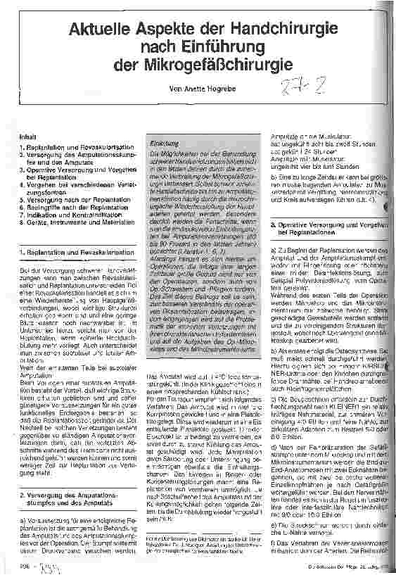 Vorschauseite 1: Aktuelle Aspekte der Handchirurgie nach Einführung der Mikrogefäßchirurgie