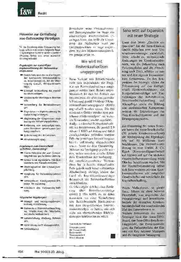 Vorschauseite 5: Outsourcing von Krankenhausleistungen Das Klinikmanagement muss neben wirtschaftlichen Fragen auch die rechtlichen Bedingungen prüfen