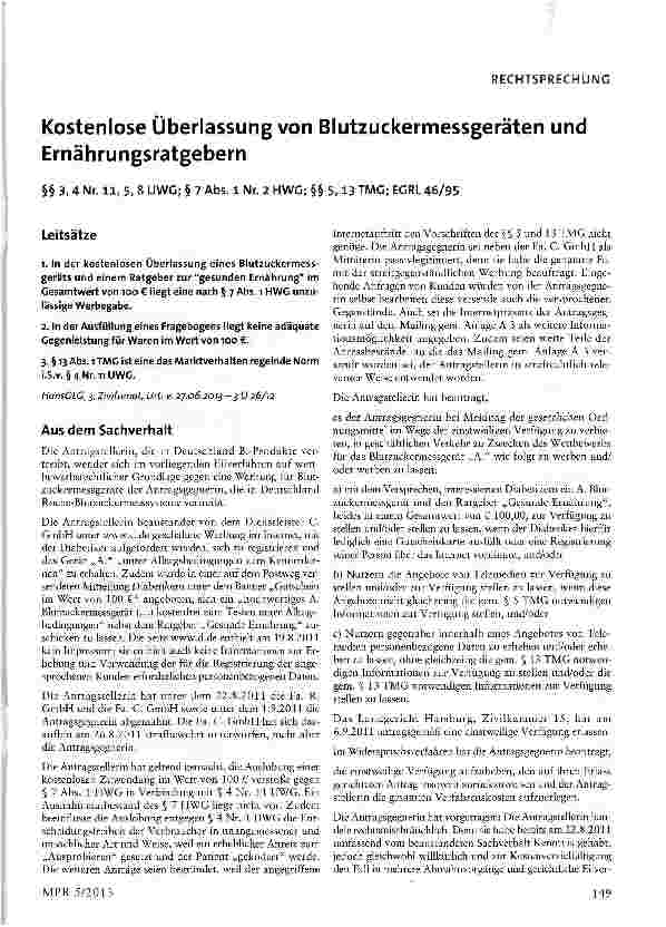 Vorschauseite 1: Kostenlose Überlassung von Blutzuckermessgeräten und Ernährungsratgebern §§ 3, 4 Nr. 11, 5, 8 UWG; § 7 Abs. 1 Nr. 2 HWG; §§ 5,13 TMG; EGRL 46/95