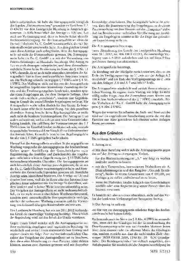 Vorschauseite 2: Kostenlose Überlassung von Blutzuckermessgeräten und Ernährungsratgebern §§ 3, 4 Nr. 11, 5, 8 UWG; § 7 Abs. 1 Nr. 2 HWG; §§ 5,13 TMG; EGRL 46/95