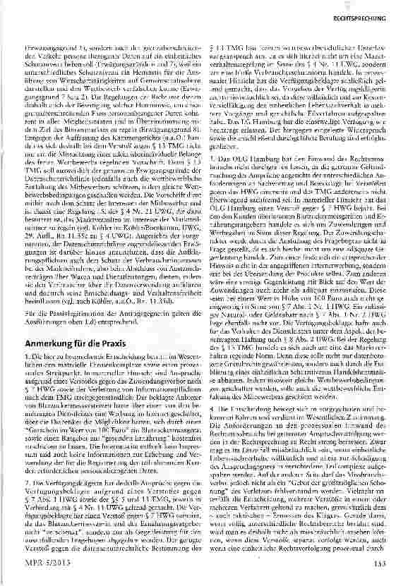 Vorschauseite 5: Kostenlose Überlassung von Blutzuckermessgeräten und Ernährungsratgebern §§ 3, 4 Nr. 11, 5, 8 UWG; § 7 Abs. 1 Nr. 2 HWG; §§ 5,13 TMG; EGRL 46/95