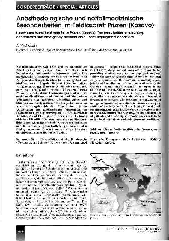 Vorschauseite 1: Anästhesiologische und notfallmedizinische Besonderheiten im Feldlazarett Prizren (Kosovo)