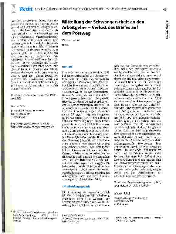Vorschauseite 1: Mitteilung der Schwangerschaft an den Arbeitgeber - Verlust des Briefes auf dem Postweg