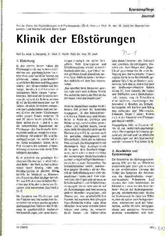 Vorschauseite 1: Klinik der Eßstörungen. Aus der Klinik für Psychotherapie u. Psychosomatik der Rheinischen Landesund Hochschulklinik Essen