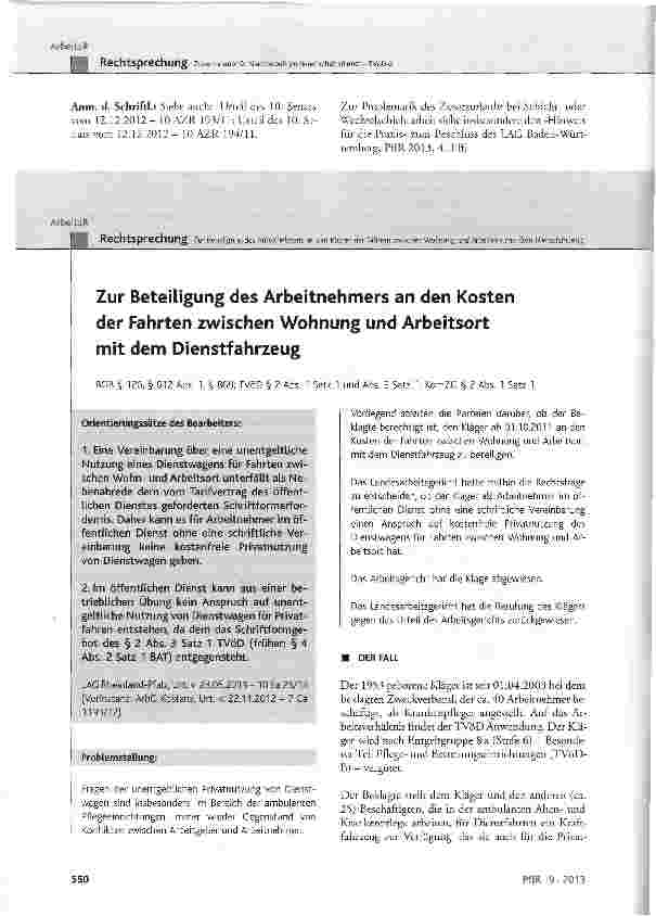 Vorschauseite 1: Zur Beteiligung des Arbeitnehmers an den Kosten der Fahrten zwischen Wohnung und Arbeitsort mit dem Dienstfahrzeug BGB