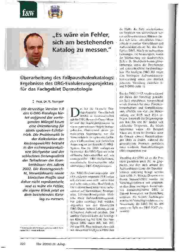 Vorschauseite 1: Überarbeitung des Fallpauschalenkatalogs Ergebnisse des DRG-Evaluierungsprojektes für das Fachgebiet Dermatologie