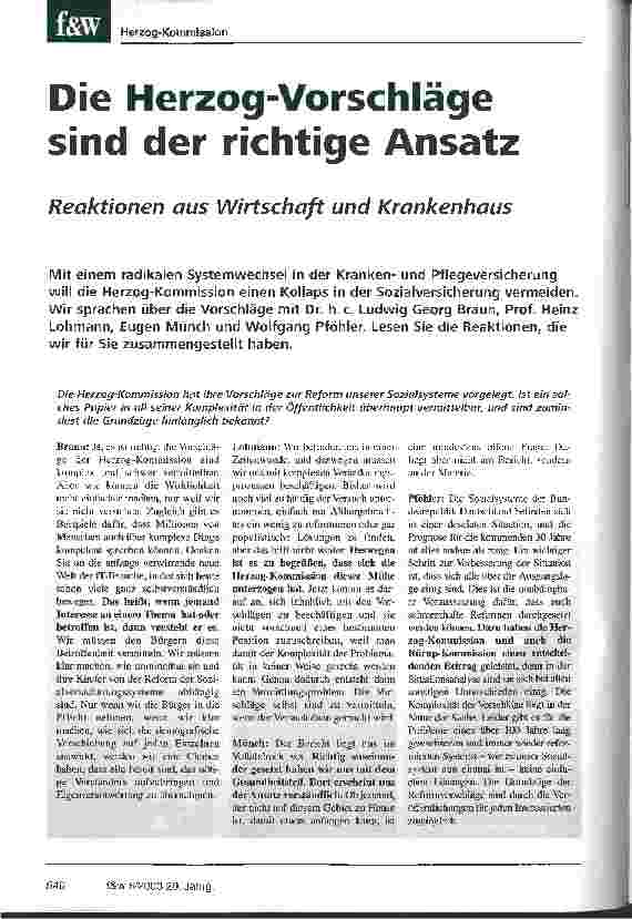 Vorschauseite 1: Die Herzog-Vorschläge sind der richtige Ansatz Reaktionen aus Wirtschaft und Krankenhaus