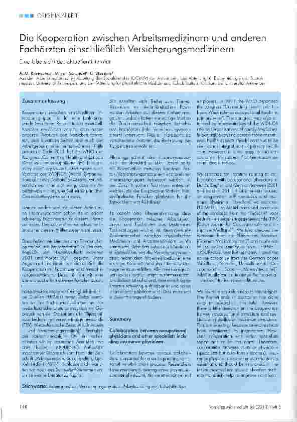 Vorschauseite 1: Die Kooperation zwischen Arbeitsmedizinern und anderen Fachärzten einschließlich Versicherungsmedizinern