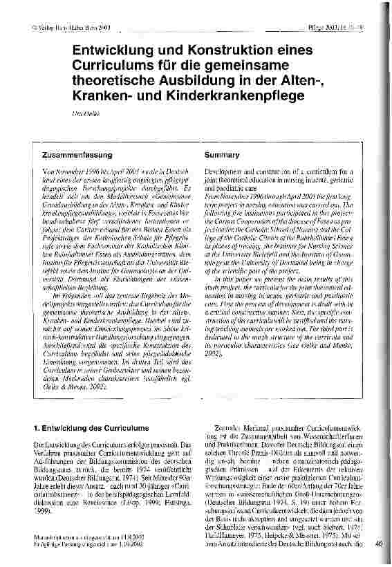 Vorschauseite 1: Entwicklung und Konstruktion eines Curriculums für die gemeinsame theoretische Ausbildung in der Alten-, Krankenund Kinderkrankenpflege