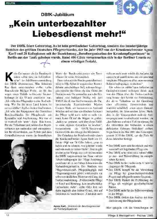 Vorschauseite 1: Kein unterbezahlter Liebesdienst mehr! DBfK-Jubiläum
