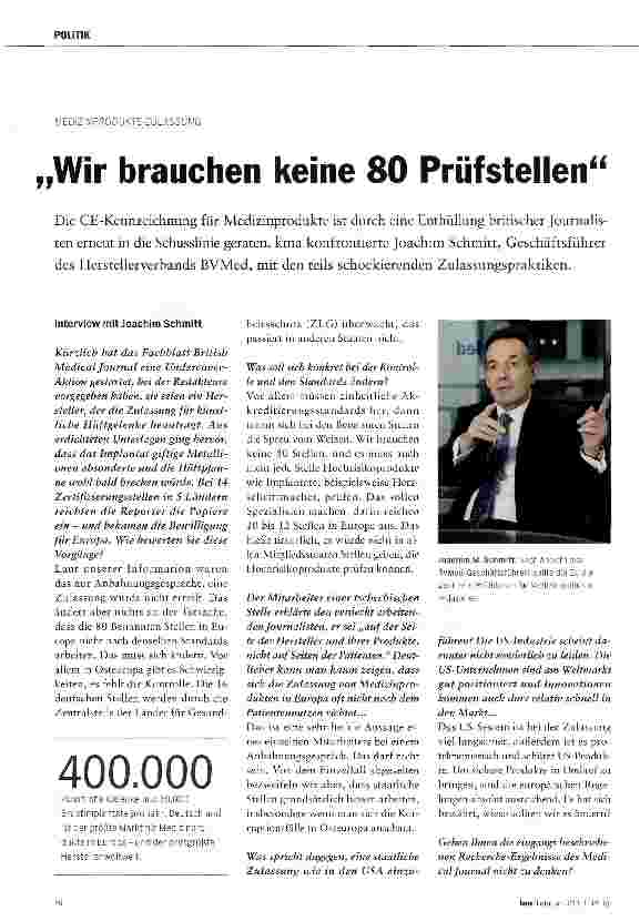 Vorschauseite 1: „Wir brauchen keine 80 Prüfstellen