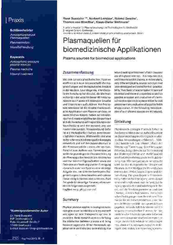 Vorschauseite 1: Plasmaquellen für biomedizinische Applikationen