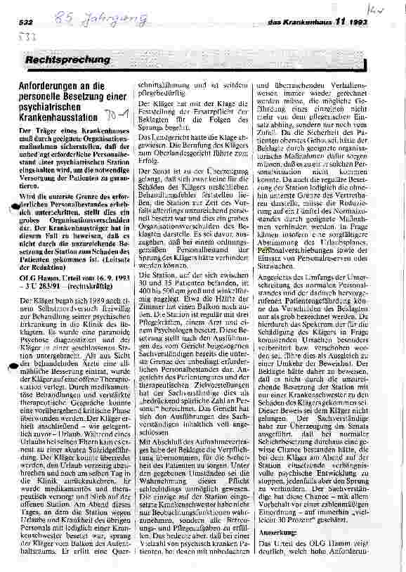 Vorschauseite 1: Anforderungen an die personelle Besetzung einer Psychiatrischen Krankenhausstation OLG Hamm, 16. 09. 93, 3 U 283/91