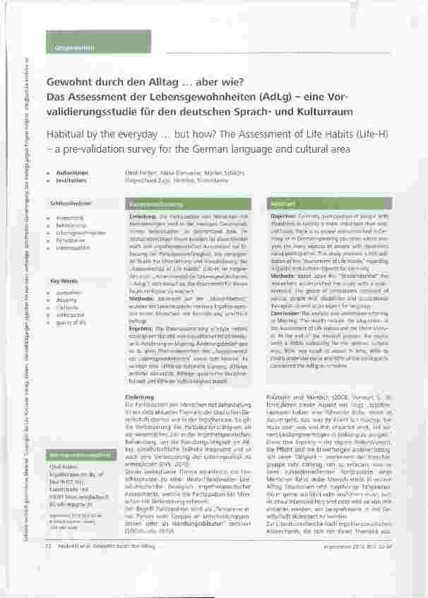 Vorschauseite 1: Gewohnt durch den Alltag. .. aber wie? Das Assessment der Lebensgewohnheiten (AdLg) eine Vorvalidierungsstudie für den deutschen Sprachund Kulturraum