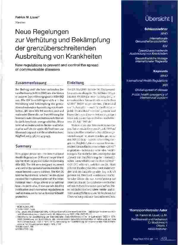 Vorschauseite 1: Neue Regelungen zur Verhütung und Bekämpfung der grenzüberschreitenden Ausbreitung von Krankheiten