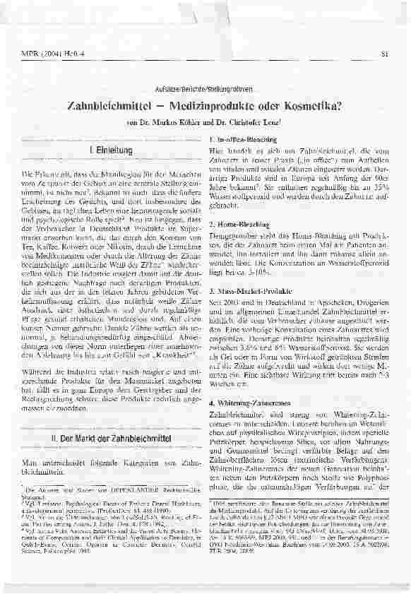 Vorschauseite 1: Zahnbleichmittel - Medizinprodukte oder Kosmetika?Aufsätze/Berichte/Stellungnahmen