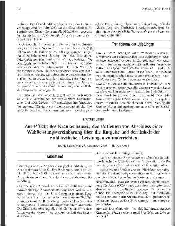 Vorschauseite 1: Zur Pflicht des Krankenhauses, den Patienten vor Abschluss einer Wahlleistungsvereinbarung über die Entgelte und den Inhalt der wahlärztlichen Leistungen zu unterrichten