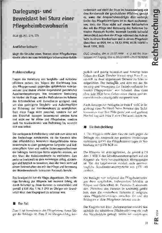 Vorschauseite 1: Darlegungsund Beweislast bei Sturz einer Pflegeheimbewohnerin OLG Dresden, Urt. v. 21. 07. 1999
