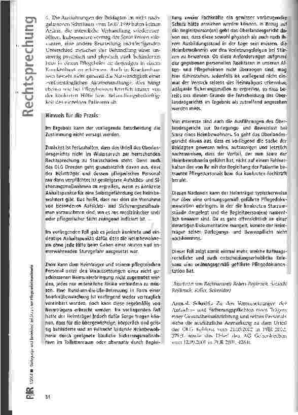 Vorschauseite 4: Darlegungsund Beweislast bei Sturz einer Pflegeheimbewohnerin OLG Dresden, Urt. v. 21. 07. 1999