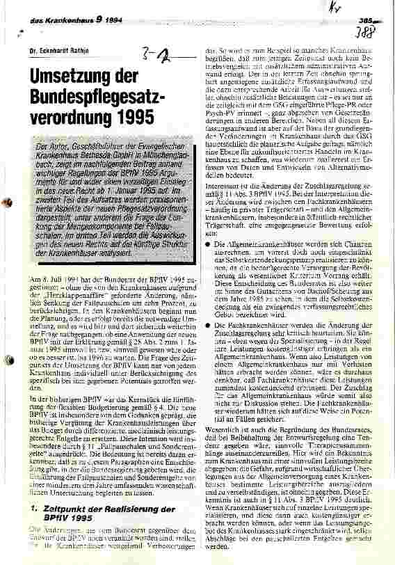 Vorschauseite 1: Umsetzung der Bundespflegesatzverordnung 1995