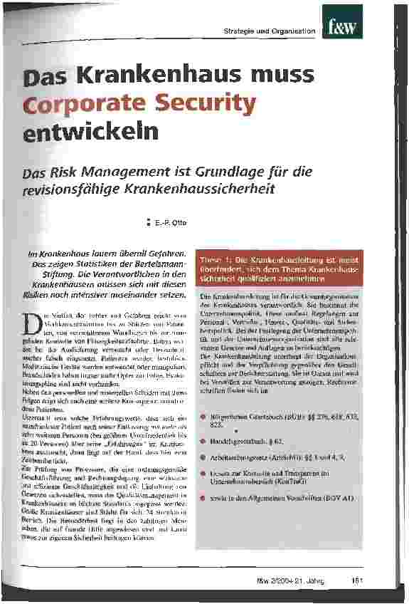 Vorschauseite 1: Das Krankenhaus muss Corporate Security entwickeln Das Risk Management ist Grundlage für die revisionsfähige Krankenhaussicherheit