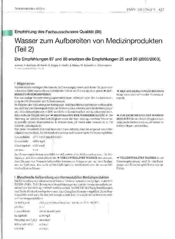 Vorschauseite 1: Empfehlung des Fachausschusses Qualität (88) Wasser zum Aufbereiten von Medizinprodukten (Teil 2)