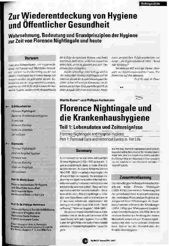 Vorschauseite 1: Zur Wiederentdeckung von Hygiene und Öffentlicher Gesundheit Florence Nightingale und die Krankenhaushygiene, Teil 1: Lebensdaten und Zeitereignisse