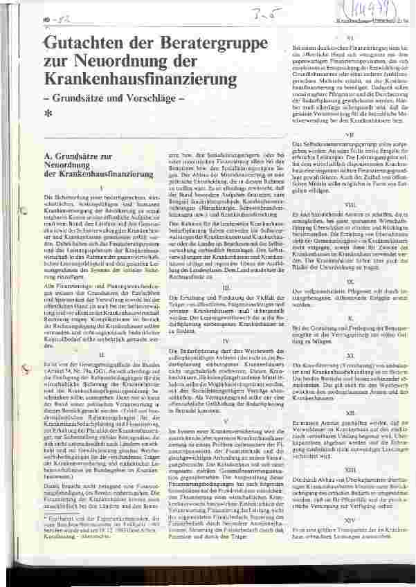 Vorschauseite 1: Gutachten der Beratergruppe zur Neuordnung der Krankenhausfinanzierung -Grundsätze und Vorschläge-
