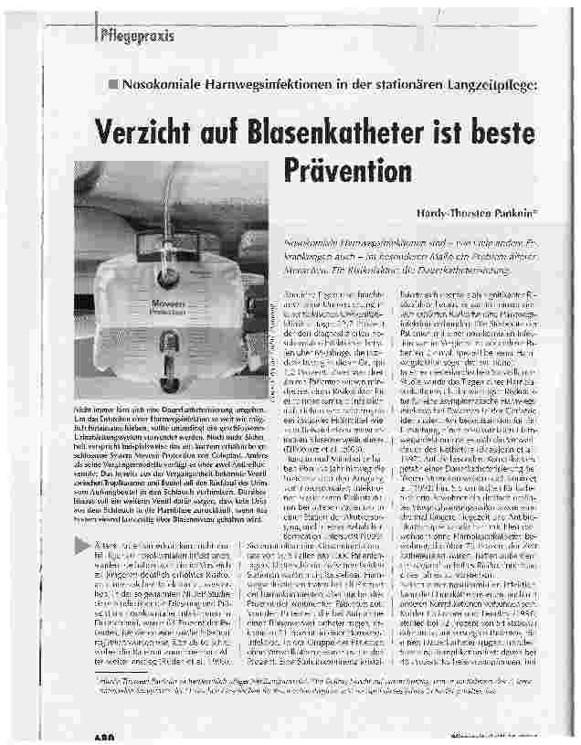 Vorschauseite 1: Verzicht auf Blasenkatheter ist beste PräventionNosokomiale Harnwegsinfektionen in der stationären Langzeitpflege