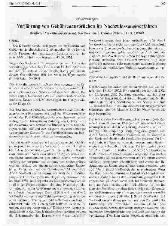 Vorschauseite 1: Verjährung von Gebührenansprüchen im Nachzulassungsverfahren