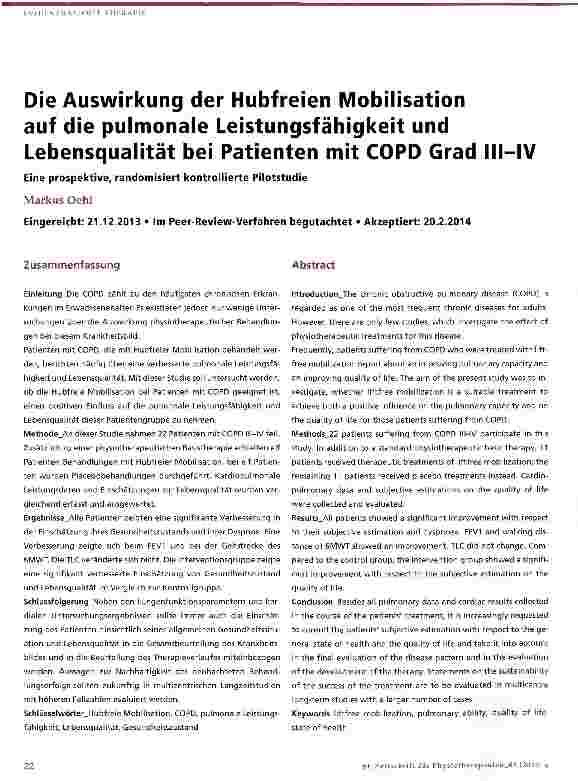 Vorschauseite 1: Die Auswirkung der Hubfreien Mobilisation auf die pulmonale Leistungsfähigkeit und Lebensqualität bei Patienten mit COPD Grad III—IV
