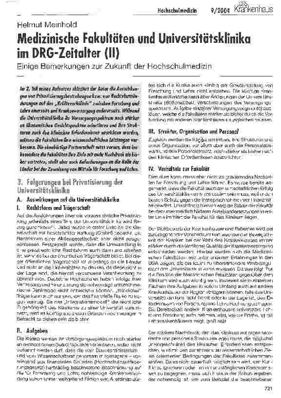 Vorschauseite 1: Medizinische Fakultäten und Universitätsklinika im DRG-Zeitalter (II)